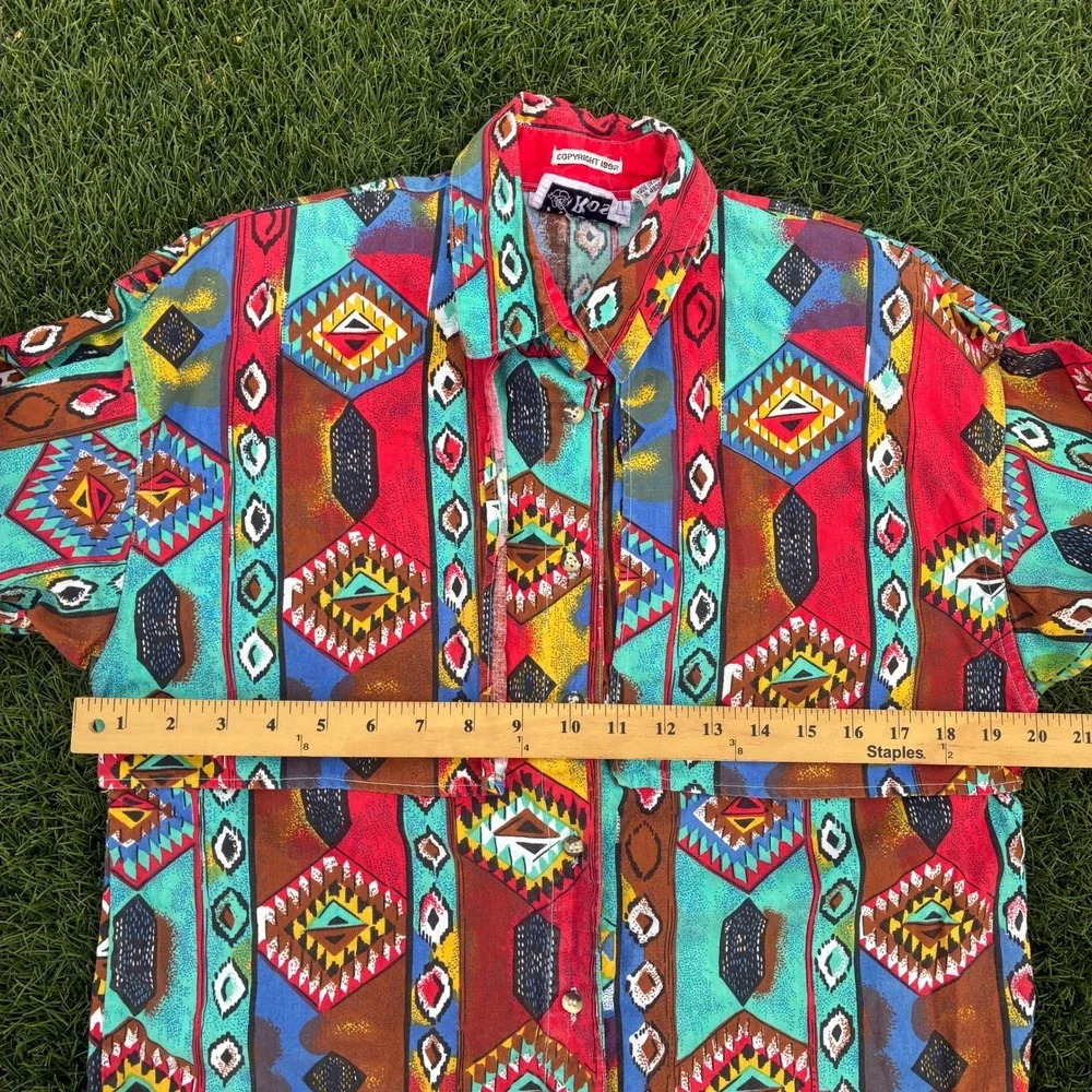 Vintage Adobe Rose Shirt Mens Small Multicolor Abstract Aztec Southwestern Rodeo